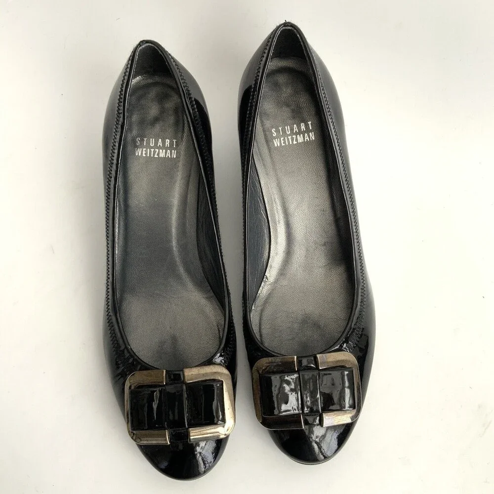 Stuart Weitzman Patent Leather Bow Front Wedge Black 7 - Picture 11 of 12